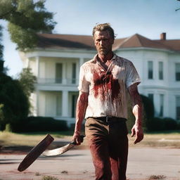 A white man walking along the side of the road in summer with a bloody machete in his hand