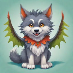 An irresistibly cute cartoon illustration of a shaggy wolf, it's back graced with delicately drawn, vibrantly colored dragon wings, resulting in a sweet dash of fantasy.