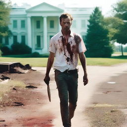 A white man walking along the side of the road in summer with a bloody machete in his hand