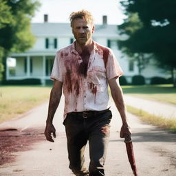 A white man walking along the side of the road in summer with a bloody machete in his hand