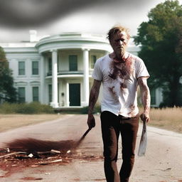 A white man walking along the side of the road in summer with a bloody machete in his hand