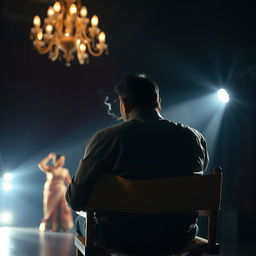 A wide-angle shot of the back of an Indian man sitting on a director's chair, smoking a cigarette under a spotlight