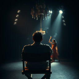 A wide-angle shot of the back of an Indian man sitting on a director's chair, smoking a cigarette under a spotlight