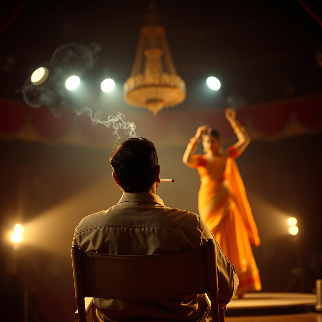 A wide-angle shot of the back of an Indian man sitting on a director's chair, smoking a cigarette under a spotlight