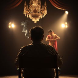 A wide-angle shot of the back of an Indian man sitting on a director's chair, smoking a cigarette under a spotlight