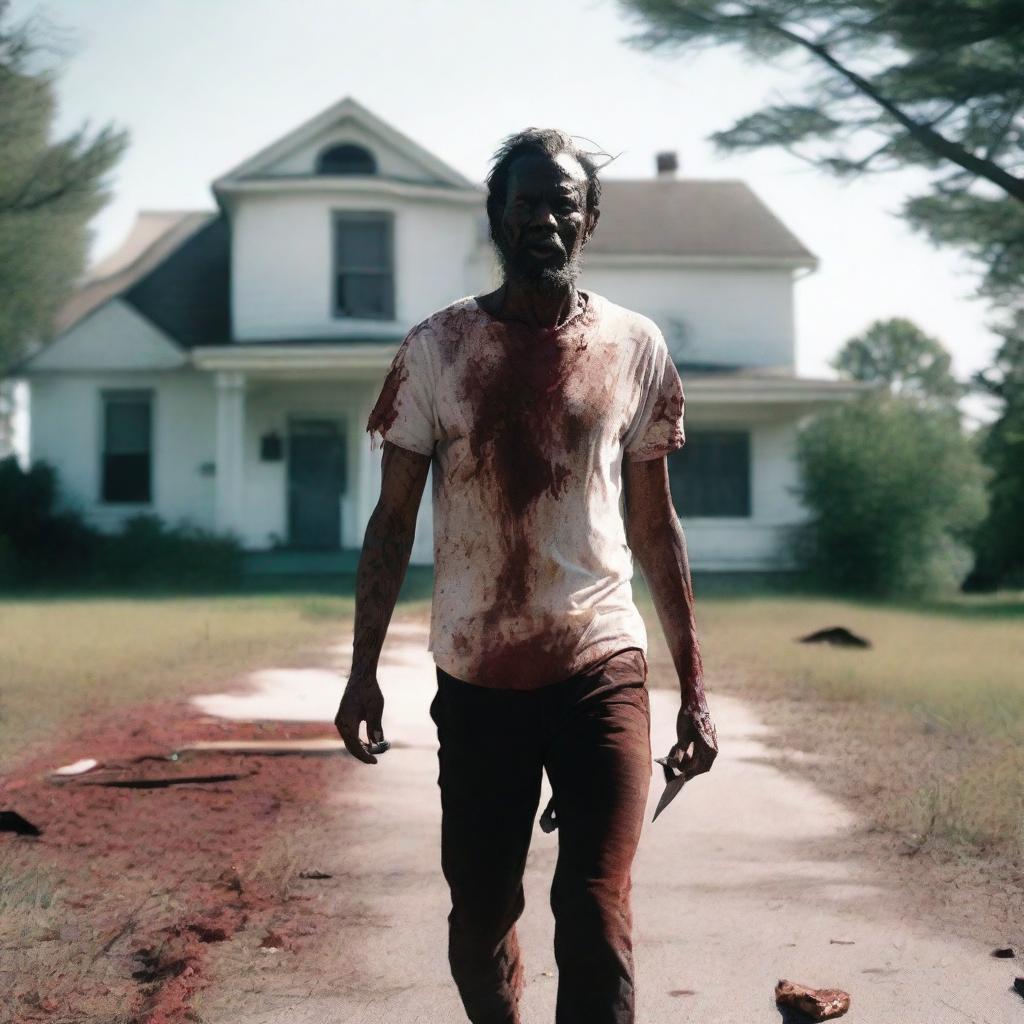 A man walking along the side of the road in summer with a bloody machete in his hand