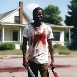 A man walking along the side of the road in summer with a bloody machete in his hand