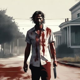 A man walking along the side of the road in summer with a bloody machete in his hand