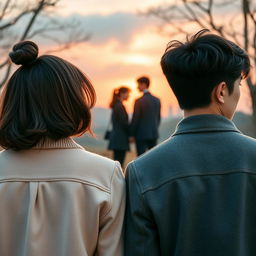 Create an image of two young Koreans, with their backs facing the background