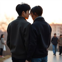 Create an image of two young Koreans, with their backs facing the background