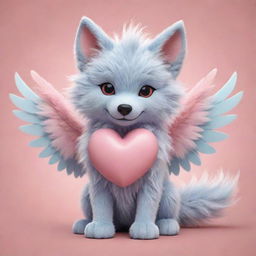 A heart-meltingly cute cartoon image of a fluffy wolf, garnished with petite, pastel-colored dragon wings, symbolizing a lovely fusion of wild and mythical.