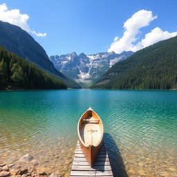 A serene landscape featuring a clear blue lake surrounded by lush green trees and mountains in the background