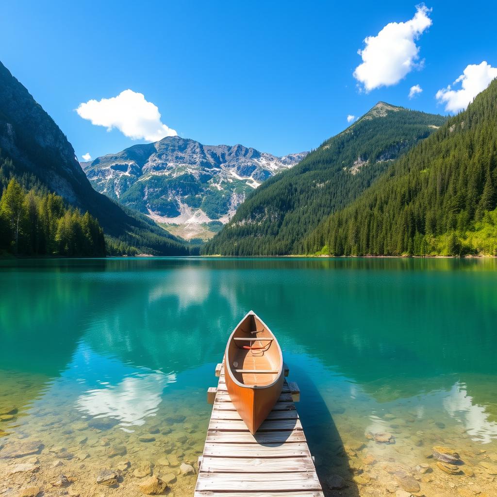 A serene landscape featuring a clear blue lake surrounded by lush green trees and mountains in the background