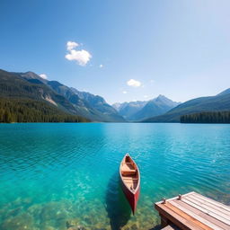 A serene landscape featuring a clear blue lake surrounded by lush green trees and mountains in the background