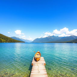 A serene landscape featuring a clear blue lake surrounded by lush green trees and mountains in the background