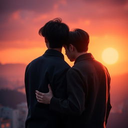 Create an image of two young Korean men, in love, with their backs facing the viewer