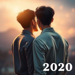 Create an image of two young Korean men, in love, with their backs facing the viewer