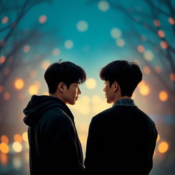 Create an image of two young Korean men, in love, with their backs facing the viewer