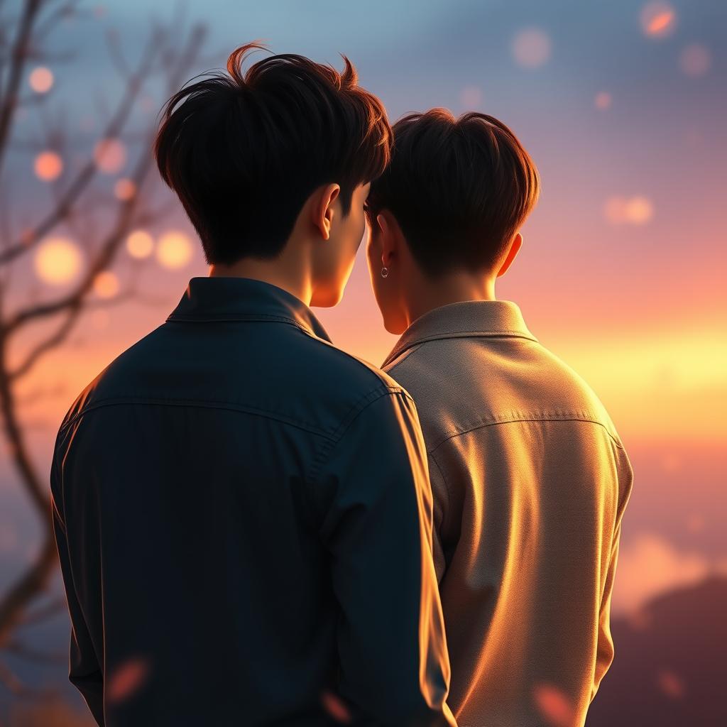 Create an image of two young Korean men, in love, with their backs facing the viewer