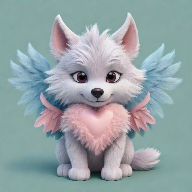 A heart-meltingly cute cartoon image of a fluffy wolf, garnished with petite, pastel-colored dragon wings, symbolizing a lovely fusion of wild and mythical.