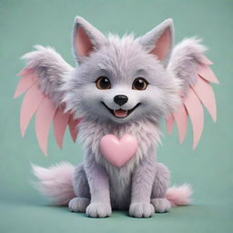 A heart-meltingly cute cartoon image of a fluffy wolf, garnished with petite, pastel-colored dragon wings, symbolizing a lovely fusion of wild and mythical.