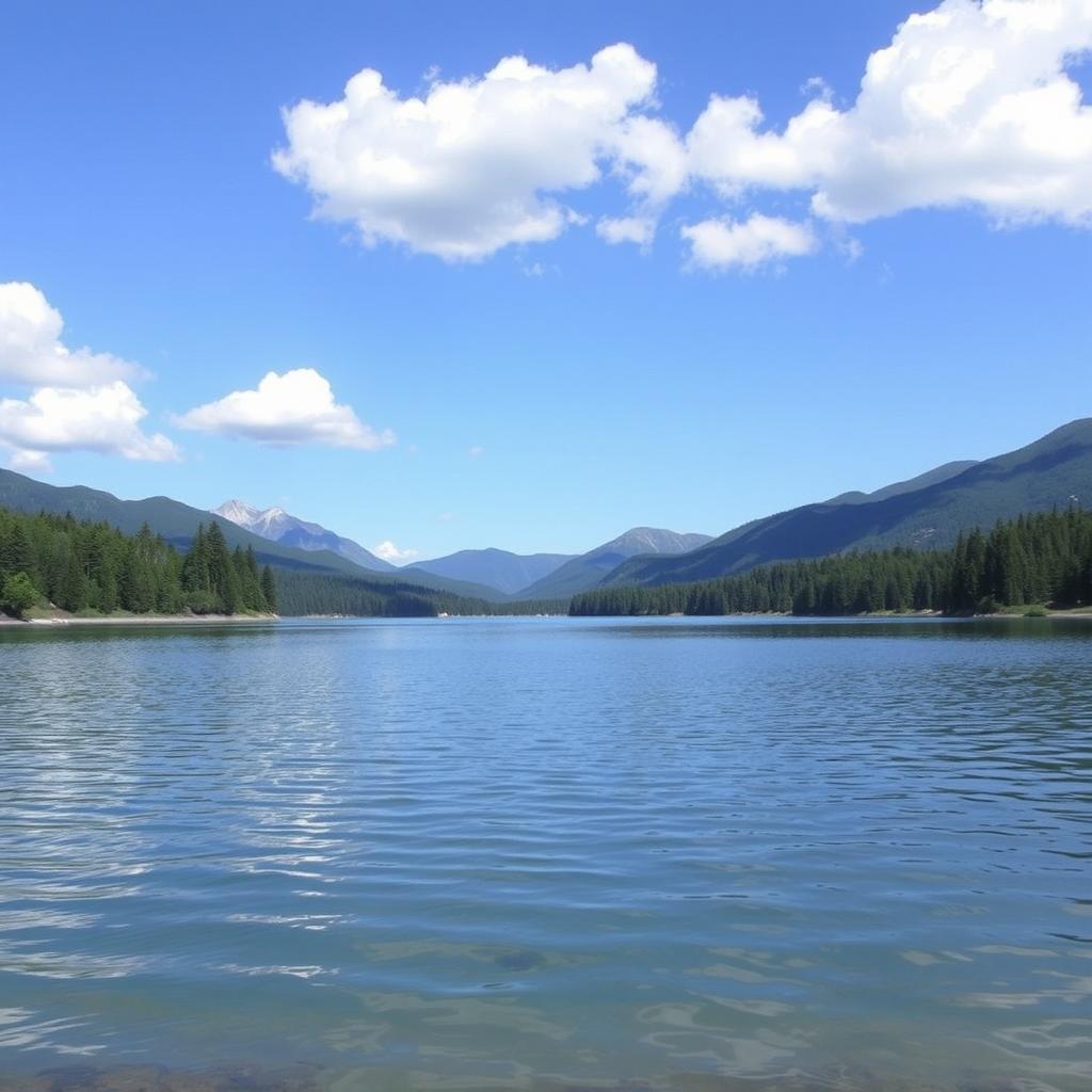 A serene landscape featuring a calm lake surrounded by lush green trees and mountains in the background