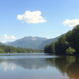 A serene landscape featuring a calm lake surrounded by lush green trees and mountains in the background