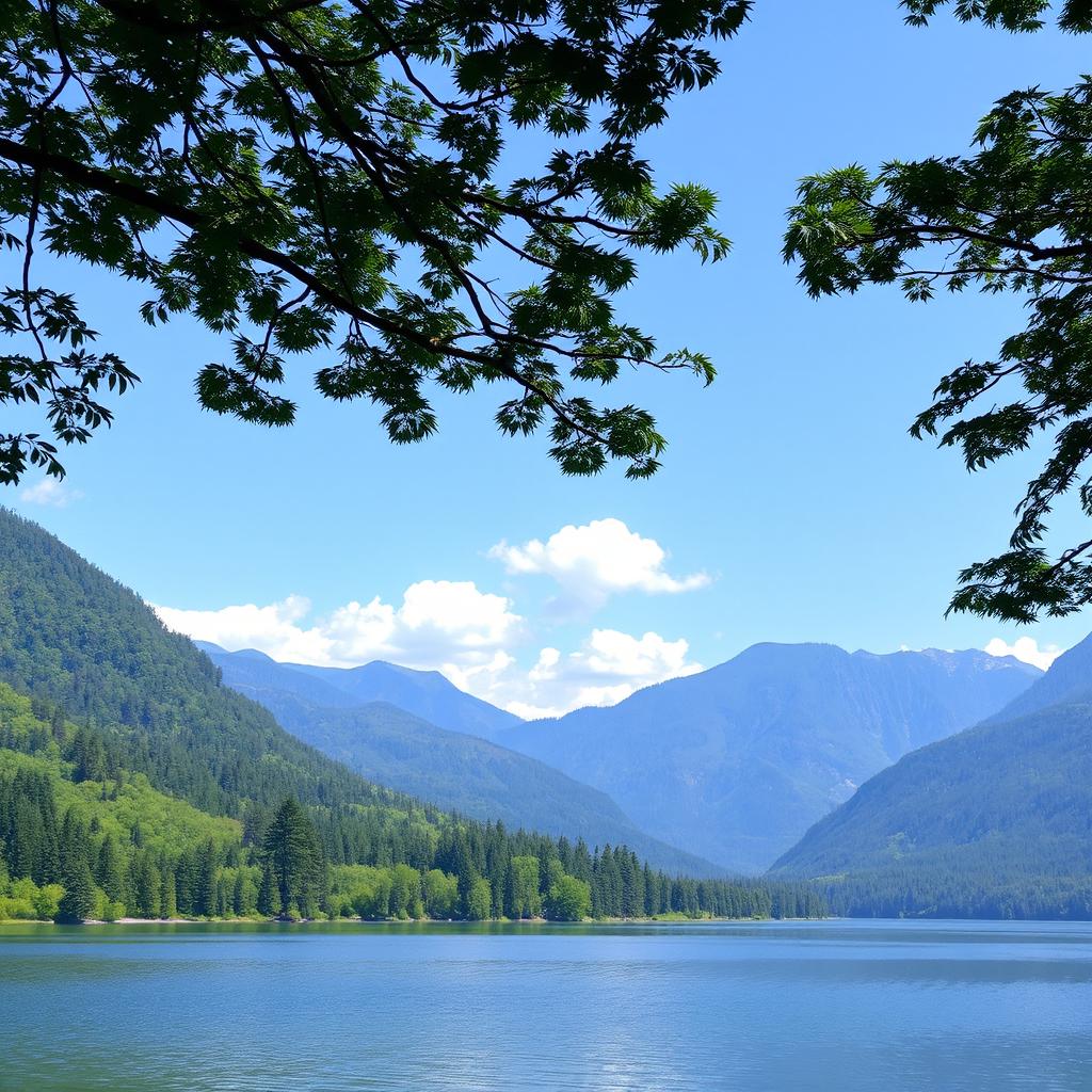 A serene landscape featuring a calm lake surrounded by lush green trees and mountains in the background