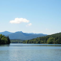 A serene landscape featuring a calm lake surrounded by lush green trees and mountains in the background