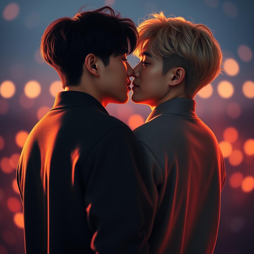 Create an image of two young Korean men, based on Jimin and Jungkook from the group BTS