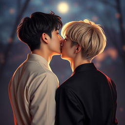 Create an image of two young Korean men, based on Jimin and Jungkook from the group BTS