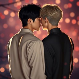 Create an image of two young Korean men, based on Jimin and Jungkook from the group BTS