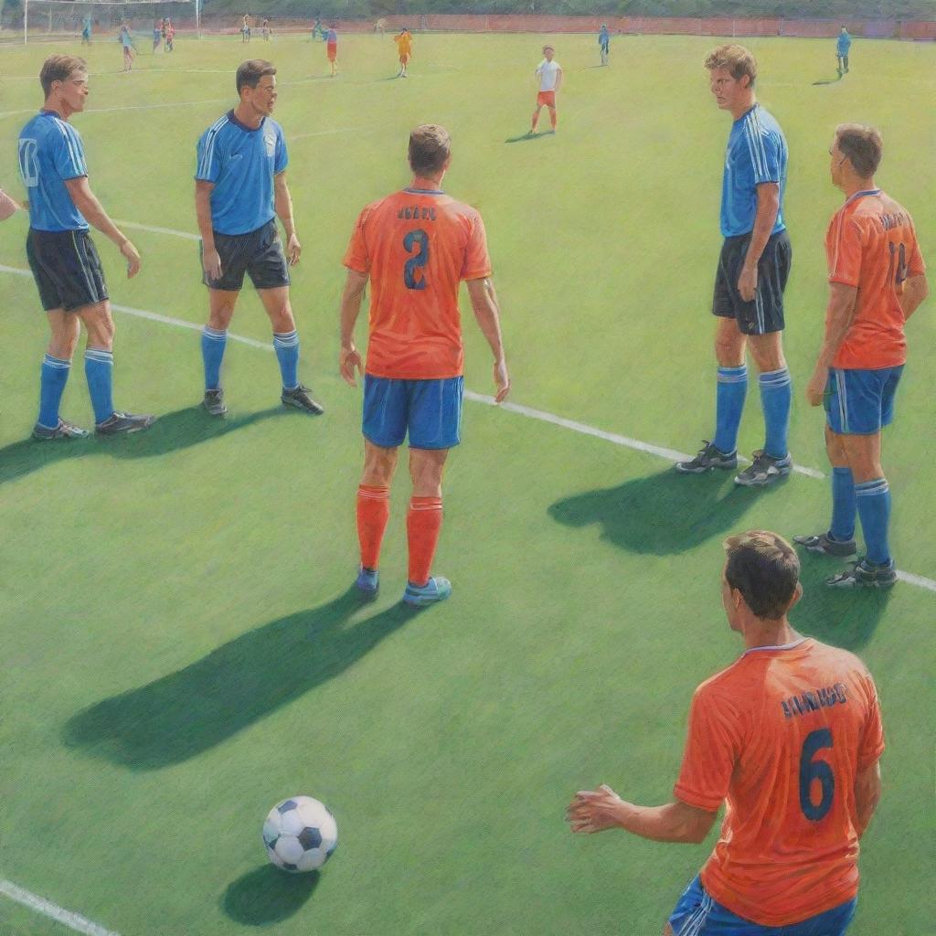 A scene featuring soccer players, not American football players, engaging in friendly conversations with referees, rendered as a lively colored pencil drawing on a sunny soccer field.