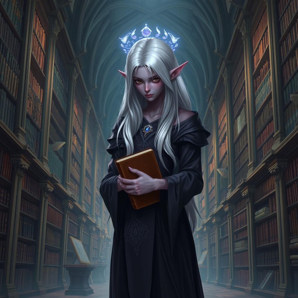 A shy Dark Elven librarian standing in a grand, ancient library filled with towering bookshelves and mystical artifacts