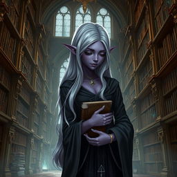 A shy Dark Elven librarian standing in a grand, ancient library filled with towering bookshelves and mystical artifacts