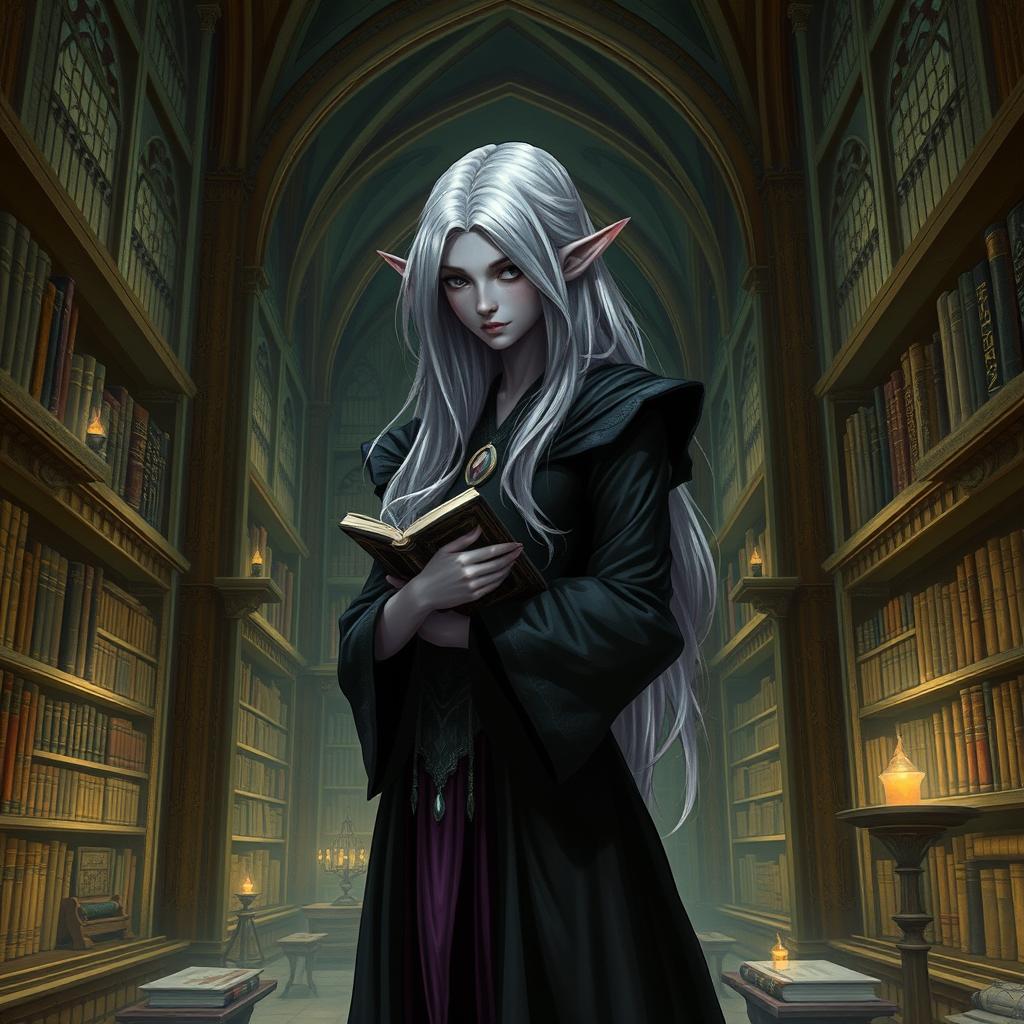 A shy Dark Elven librarian standing in a grand, ancient library filled with towering bookshelves and mystical artifacts