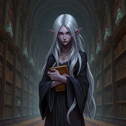 A shy Dark Elven librarian standing in a grand, ancient library filled with towering bookshelves and mystical artifacts