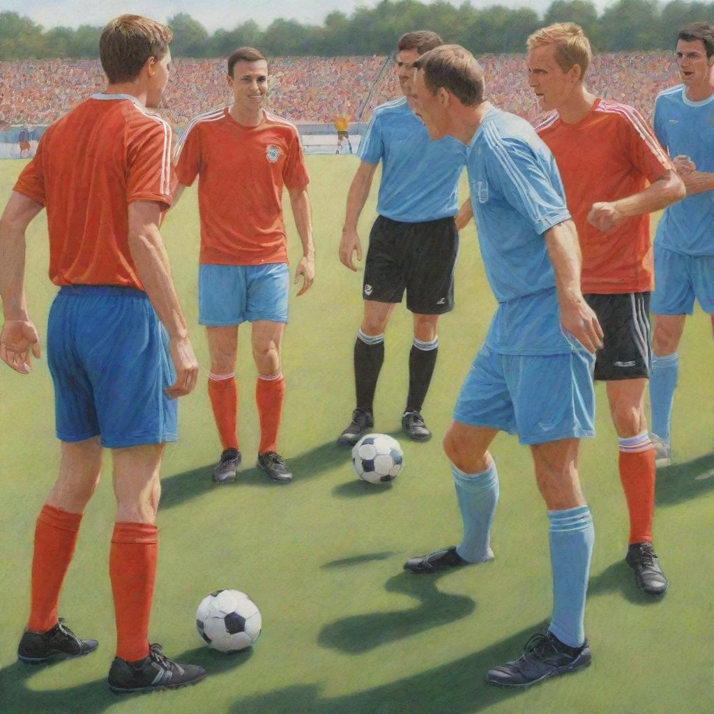 A scene featuring soccer players, not American football players, engaging in friendly conversations with referees, rendered as a lively colored pencil drawing on a sunny soccer field.