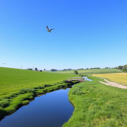 A serene landscape with a clear blue sky, lush green fields, and a gentle river flowing through