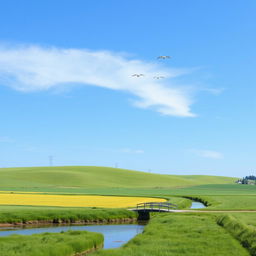 A serene landscape with a clear blue sky, lush green fields, and a gentle river flowing through