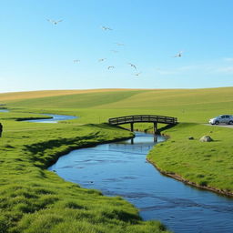 A serene landscape with a clear blue sky, lush green fields, and a gentle river flowing through