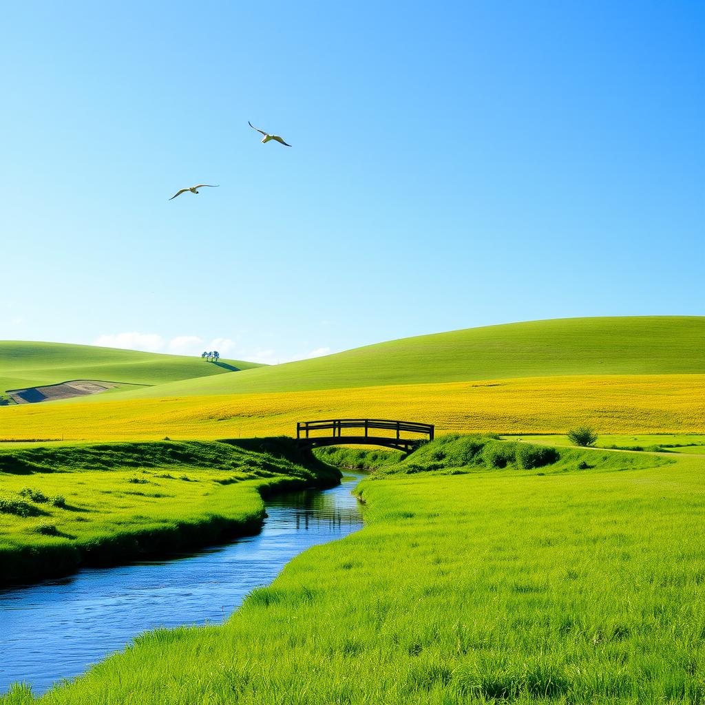 A serene landscape with a clear blue sky, lush green fields, and a gentle river flowing through