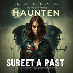 Create an indie film poster featuring a young woman who is haunted by her past