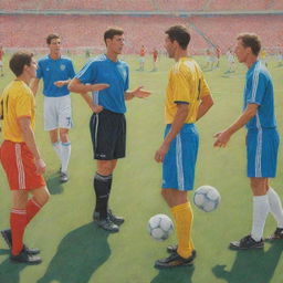 A scene featuring soccer players, not American football players, engaging in friendly conversations with referees, rendered as a lively colored pencil drawing on a sunny soccer field.