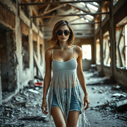 A 26-year-old woman with brown shoulder-length hair, wearing sunglasses, a long white stringy summer top, and denim shorts