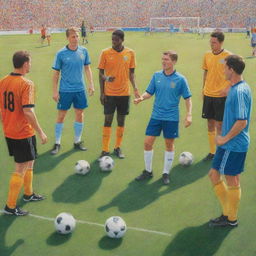 A scene featuring soccer players, not American football players, engaging in friendly conversations with referees, rendered as a lively colored pencil drawing on a sunny soccer field.