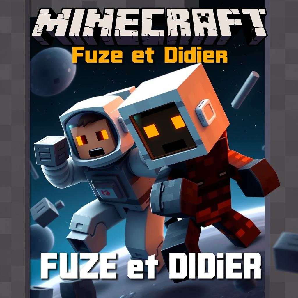 A movie poster in the style of Minecraft, featuring an astronaut and an obsidian blockling with orange eyes