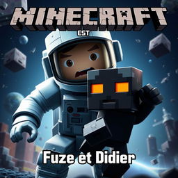 A movie poster in the style of Minecraft, featuring an astronaut and an obsidian blockling with orange eyes