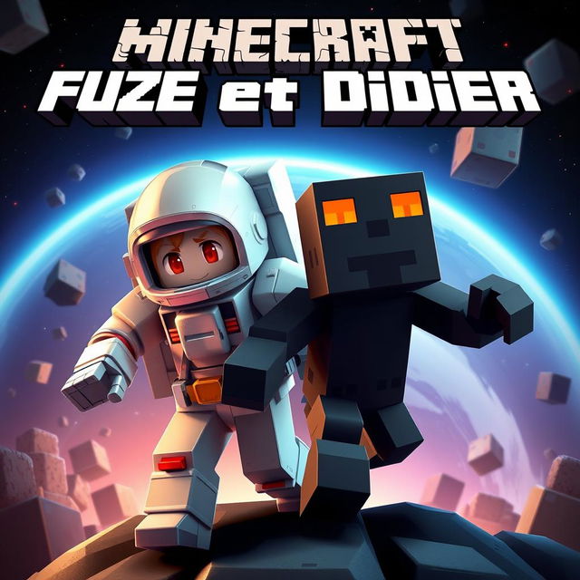 A movie poster in the style of Minecraft, featuring an astronaut and an obsidian blockling with orange eyes