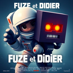 A movie poster in a cubic style, featuring an astronaut and an obsidian blockling with orange eyes